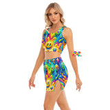 Neon Melt Two-Piece Rave Skirt Set with Crop Top featuring vibrant neon colors and a psychedelic pattern, perfect for women's festival wear and EDM parties. This eye-catching outfit includes a stylish crop top and matching skirt, ideal for dance-ready rave enthusiasts looking for trendy and colorful festival clothing