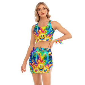 Neon Melt Two-Piece Rave Skirt Set with Crop Top featuring vibrant neon colors and a psychedelic pattern, perfect for women's festival wear and EDM parties. This eye-catching outfit includes a stylish crop top and matching skirt, ideal for dance-ready rave enthusiasts looking for trendy and colorful festival clothing