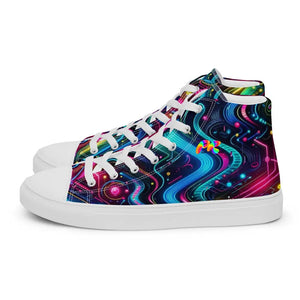 Stylish and vibrant Neon Pulse High Top Canvas Rave Shoes with a durable 100% polyester canvas upper and flexible EVA rubber outsole. Features include a breathable lining, soft insole for extended comfort, sleek faux leather toe cap, and a padded collar for extra support. The lace-up front ensures a secure, adjustable fit, making these shoes a perfect choice for ravers looking to combine fashion with function at festivals and dance events.
