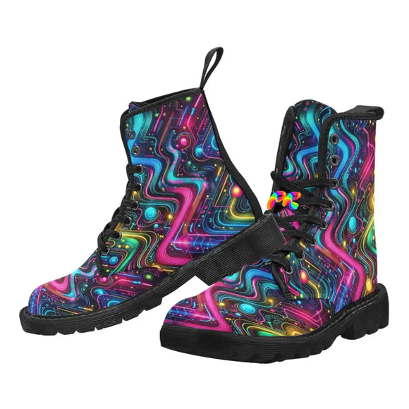 Vibrant Neon Pulse Men's Canvas Rave Boots featuring a bold, electrifying design with high-quality canvas and black rubber soles for ultimate comfort and slip resistance, ideal for any rave enthusiast looking to make a statement at festivals, available exclusively at Prism Raves.
