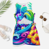 A vibrant Neon Tropic Hawaiian Cut-Out Rave Dress featuring a colorful tropical pattern, sleeveless crew neck design, and flattering cut-out details. The dress is made from a soft blend of 95% polyester and 5% spandex, offering a comfortable fit that's perfect for parties, raves, and beach outings.