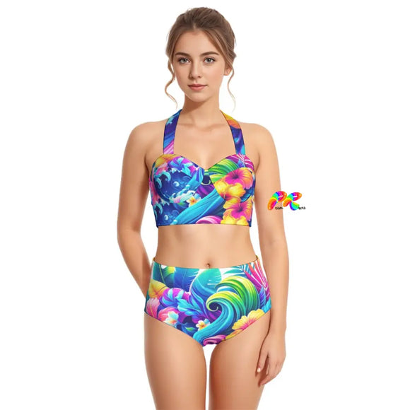 Neon Tropic Women's Two-Piece Swim Set with halter top, featuring high waist bottoms and Hawaiian aloha pattern in a retro style swimsuit, ideal for rave beach parties and vibrant summer festivals.