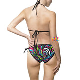 psychedelic string bikini with black trim and colorful rave pattern, small to 5xl, plus sizes