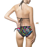 psychedelic string bikini with black trim and colorful rave pattern, small to 5xl, plus sizes