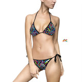 psychedelic string bikini with black trim and colorful rave pattern, small to 5xl, plus sizes 