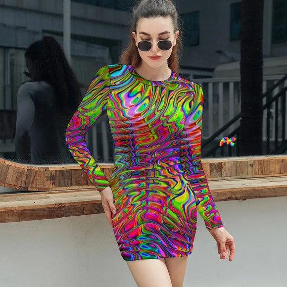 rave dress, long sleeves, crew neck, slim fit, bodycon, above-knee, Plus Sizes, small to 2XLNuclear Rave Dress - Cosplay Moon