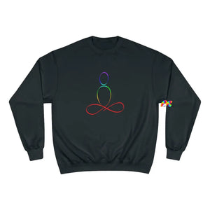 champion sweatshirt, gray , crew neck, sizes small to 2XL, with a rainbow shilhouette of  sukhasana position