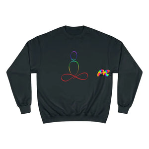 champion sweatshirt, gray , crew neck, sizes small to 2XL, with a rainbow shilhouette of  sukhasana position