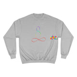 champion sweatshirt, gray , crew neck, sizes small to 2XL, with a rainbow shilhouette of  sukhasana position