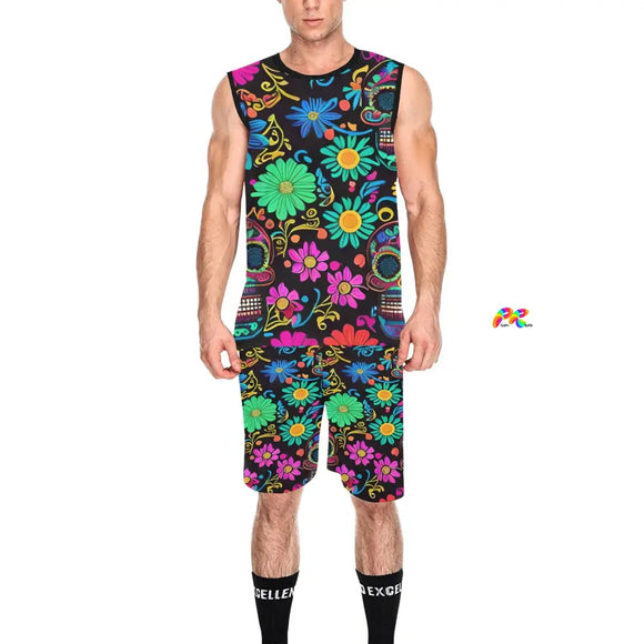 men's two piece basketball outfit, matching knee-length shorts with shirt that is sleeveless and crew neck, has a vivid neon pattern of skulls and daisies, sizes small to 2XL