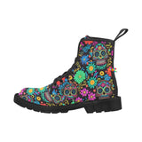 mens doc marten style lace-up canvas boots with skull and flower pattern in vivid colors with a pull-strap and black soles, for raves and festivals, comes in sizes 7 to 12 -painkiller lace-up canvas rave boots for men - cosplay moon