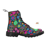 mens doc marten style lace-up canvas boots with skull and flower pattern in vivid colors with a pull-strap and black soles, for raves and festivals, comes in sizes 7 to 12 -painkiller lace-up canvas rave boots for men - cosplay moon