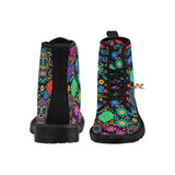 sizes 6.5 to 12 women's lace-up doc marten style canvas rave boots with black soles and flower and skull pattern in vivid colors with a pull-tab - painkiller women's lace-up rave boots - cosplay moon