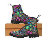 sizes 6.5 to 12 women's lace-up doc marten style canvas rave boots with black soles and flower and skull pattern in vivid colors with a pull-tab - painkiller women's lace-up rave boots - cosplay moon