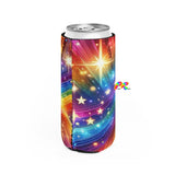 Colorful Paradise Slim Can Cooler, perfect as pride gifts, featuring vibrant design for 12oz cans on Prism Raves.
