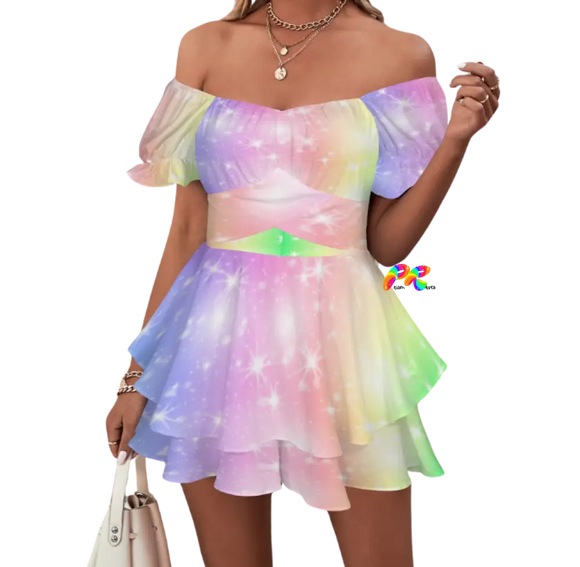 Pastel Rainbow Off Shoulder Romper Dress