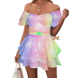 Pastel Rainbow Off Shoulder Romper Dress
