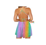 Pastel Rainbow Strappy Fairy Rave Dress Backless
