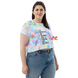 PLUR Crop T-Shirt available in multiple sizes, featuring a bold 'Peace, Love, Unity, Respect' design on a comfortable, fitted crop top. Perfect for ravers looking to express their ethos in style at festivals and EDM events - Prism Raves.