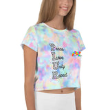PLUR Crop T-Shirt available in multiple sizes, featuring a bold 'Peace, Love, Unity, Respect' design on a comfortable, fitted crop top. Perfect for ravers looking to express their ethos in style at festivals and EDM events - Prism Raves.
