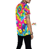 PLUR Smiles Rave Baseball Jersey" - Colorful tie-dye smiley face patterned baseball jersey for ravers and festival-goers, available in various sizes from XS to 4XL. Made of 100% polyester mesh fabric for lightweight comfort and breathability. Features a full-button front, V-neck, rounded hem, and short sleeves. Ideal for EDM events and rave parties.