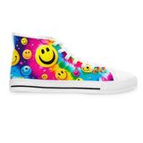 A pair of PLUR Smiles Women's High Top Sneakers, featuring a vibrant, full wraparound print with breathable polyester canvas and stylish PU leather decorations. These sneakers are equipped with hi-poly deodorant memory foam insoles and a durable rubber outsole, designed for comfort and longevity, perfect for any EDM festival enthusiast.