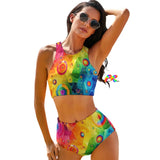 Pride Fusion High-Waist Racerback Bikini with rainbow pattern, perfect for LGBTQ summer festivals and raves, showcasing a supportive top and flattering high-waist bottoms for all body types.