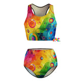 Pride Fusion High-Waist Racerback Bikini with rainbow pattern, perfect for LGBTQ summer festivals and raves, showcasing a supportive top and flattering high-waist bottoms for all body types.