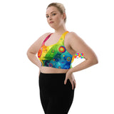 Pride Fusion Longline Sports Bra in rainbow colors, featuring double-layered front for support and removable padding, ideal for both intense workouts and stylish streetwear.