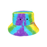 Colorful rainbow bucket hat featuring a vibrant pattern of multicolored hearts symbolizing LGBTQ+ pride and inclusivity, available at Prism Raves