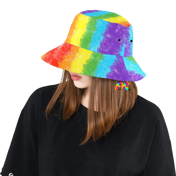 Colorful rainbow bucket hat featuring a vibrant pattern of multicolored hearts symbolizing LGBTQ+ pride and inclusivity, available at Prism Raves