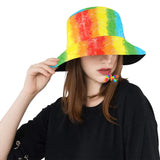 Colorful rainbow bucket hat featuring a vibrant pattern of multicolored hearts symbolizing LGBTQ+ pride and inclusivity, available at Prism Raves