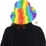 Colorful rainbow bucket hat featuring a vibrant pattern of multicolored hearts symbolizing LGBTQ+ pride and inclusivity, available at Prism Raves