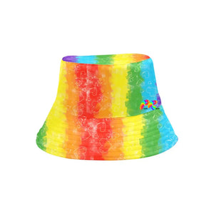 Colorful rainbow bucket hat featuring a vibrant pattern of multicolored hearts symbolizing LGBTQ+ pride and inclusivity, available at Prism Raves