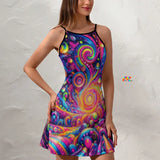Pride Nebula Sleeveless Rave Dress from Prism Raves, available in multiple sizes. This dress features a soft and breathable fabric blend of 90% polyester and 10% spandex, designed with a sleeveless crew neck, adjustable spaghetti straps, a slightly open back, and an above-knee length, making it perfect for ravers seeking a stylish and comfortable festival outfit."  For more details and to explore size options, visit the product page on Prism Raves