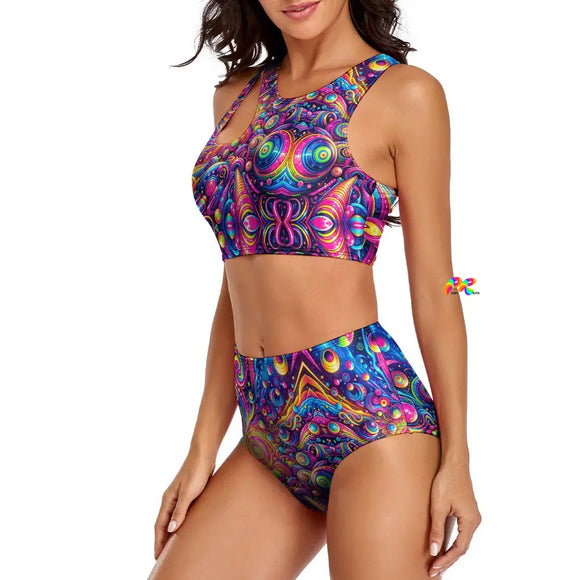 Prism Raves Pride Nebula Split Swimsuit - Sizes XS to XL - Rave-Ready Swimwear with a Stunning Nebula Pattern and Eye-Catching Design - Prism Raves
