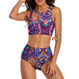 Pride Nebula Split Swimsuit, showcasing its vibrant and colorful nebula design that celebrates the spirit of Pride. The swimsuit is available in multiple sizes, catering to a range of body types. It features a stylish split design, with a high-waisted bottom for flattering tummy control and a comfortable fit. The material composition of 86% polyester and 14% spandex ensures both softness and flexibility, perfect for various aquatic activities while making a bold fashion statement.