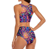 Pride Nebula Split Swimsuit, showcasing its vibrant and colorful nebula design that celebrates the spirit of Pride. The swimsuit is available in multiple sizes, catering to a range of body types. It features a stylish split design, with a high-waisted bottom for flattering tummy control and a comfortable fit. The material composition of 86% polyester and 14% spandex ensures both softness and flexibility, perfect for various aquatic activities while making a bold fashion statement.