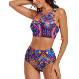 Pride Nebula Split Swimsuit, showcasing its vibrant and colorful nebula design that celebrates the spirit of Pride. The swimsuit is available in multiple sizes, catering to a range of body types. It features a stylish split design, with a high-waisted bottom for flattering tummy control and a comfortable fit. The material composition of 86% polyester and 14% spandex ensures both softness and flexibility, perfect for various aquatic activities while making a bold fashion statement.