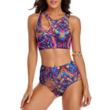 Pride Nebula Split Swimsuit, showcasing its vibrant and colorful nebula design that celebrates the spirit of Pride. The swimsuit is available in multiple sizes, catering to a range of body types. It features a stylish split design, with a high-waisted bottom for flattering tummy control and a comfortable fit. The material composition of 86% polyester and 14% spandex ensures both softness and flexibility, perfect for various aquatic activities while making a bold fashion statement.