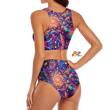 Pride Nebula Split Swimsuit, showcasing its vibrant and colorful nebula design that celebrates the spirit of Pride. The swimsuit is available in multiple sizes, catering to a range of body types. It features a stylish split design, with a high-waisted bottom for flattering tummy control and a comfortable fit. The material composition of 86% polyester and 14% spandex ensures both softness and flexibility, perfect for various aquatic activities while making a bold fashion statement.