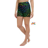 high-waist yoga shorts with black background and stars in pride rainbow colors all over print sizes extra small to extra large 82% polyester, 18% spandex Very soft four-way stretch fabric Comfortable high waistband Triangle-shaped gusset crotch Flat seam and coverstitch Yoga shorts Women's/Female Pride Activewear Pride Stars Yoga Shorts - Cosplay Moon