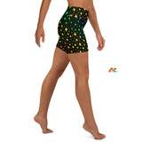 high-waist yoga shorts with black background and stars in pride rainbow colors all over print sizes extra small to extra large 82% polyester, 18% spandex Very soft four-way stretch fabric Comfortable high waistband Triangle-shaped gusset crotch Flat seam and coverstitch Yoga shorts Women's/Female Pride Activewear Pride Stars Yoga Shorts - Cosplay Moon