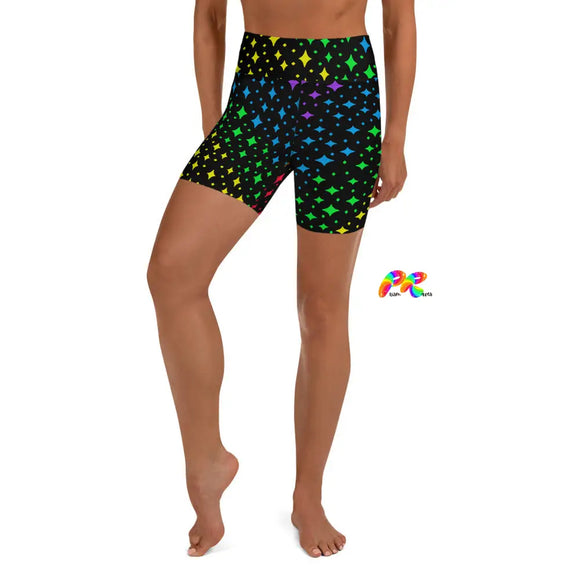 high-waist yoga shorts with black background and stars in pride rainbow colors all over print sizes extra small to extra large 82% polyester, 18% spandex  Very soft four-way stretch fabric  Comfortable high waistband  Triangle-shaped gusset crotch  Flat seam and coverstitch  Yoga shorts  Women's/Female  Pride Activewear Pride Stars Yoga Shorts - Cosplay Moon