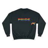 black champion sweatshirt, pride written in block letters with rainbow colors, unisex, sizes small to 2XL