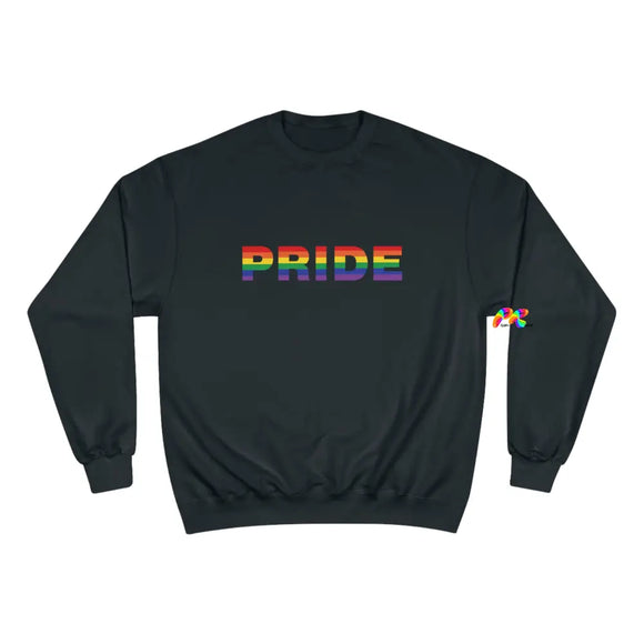 black champion sweatshirt, pride written in block letters with rainbow colors, unisex, sizes small to 2XL