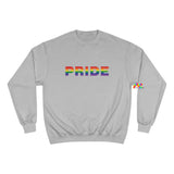 gray champion sweatshirt, pride written in block letters with rainbow colors, unisex, sizes small to 2XL