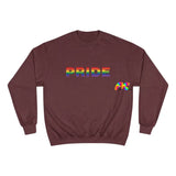 maroon champion sweatshirt, pride written in block letters with rainbow colors, unisex, sizes small to 2XL