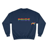 blue champion sweatshirt, pride written in block letters with rainbow colors, unisex, sizes small to 2XL