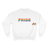 white champion sweatshirt, pride written in block letters with rainbow colors, unisex, sizes small to 2XL